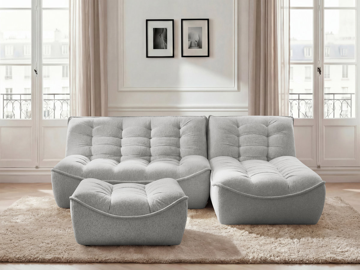Canapé d'angle modulable SERENA chiné avec pouf gris clair — vue 4