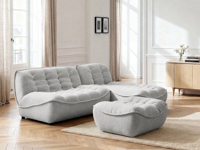 Canapé d'angle fixe modulable SERENA tissu chiné avec pouf