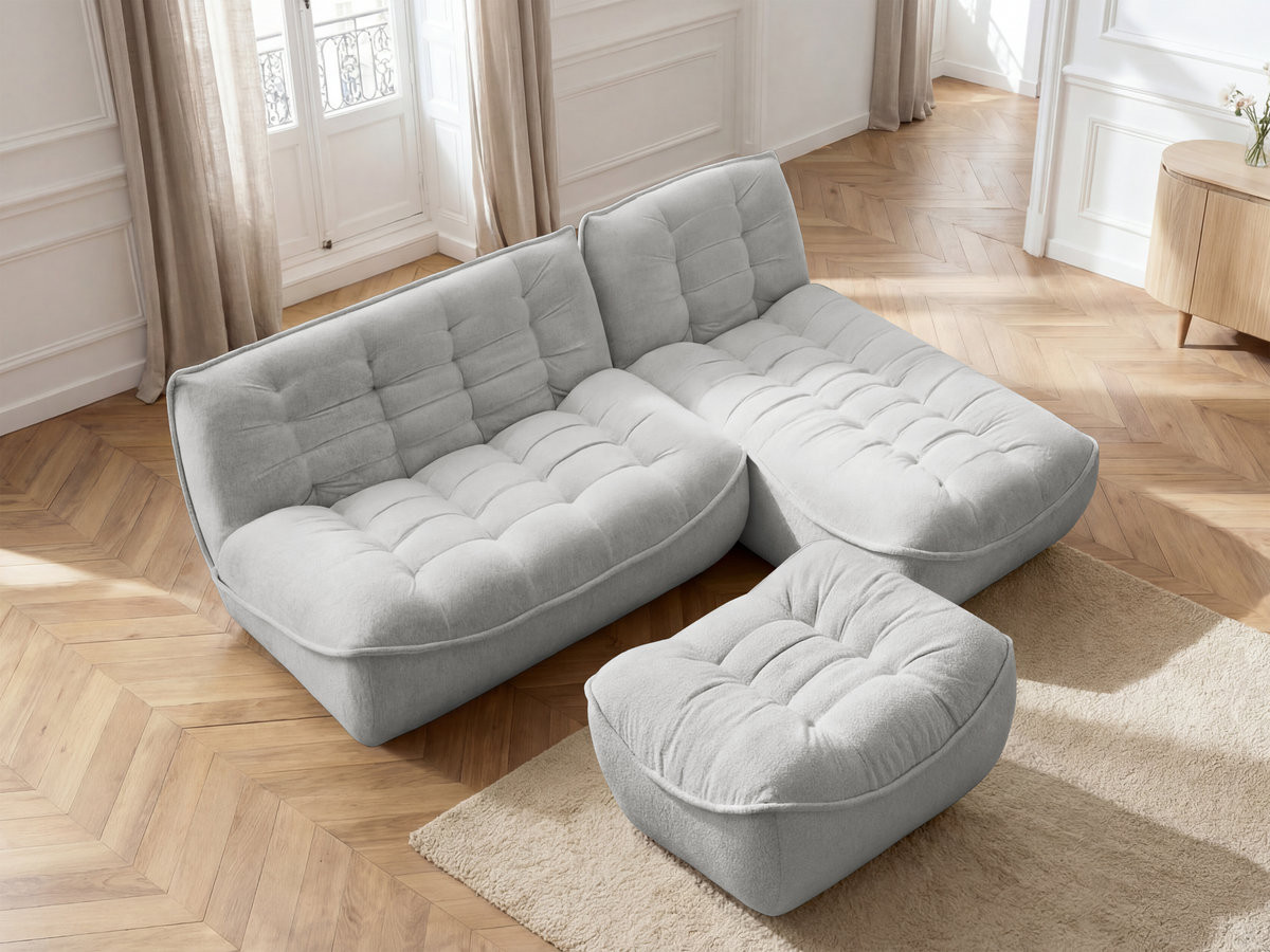 Canapé d'angle modulable SERENA chiné avec pouf gris clair — vue 5