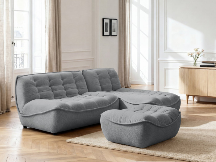 Canapé d'angle fixe modulable SERENA tissu chiné avec pouf