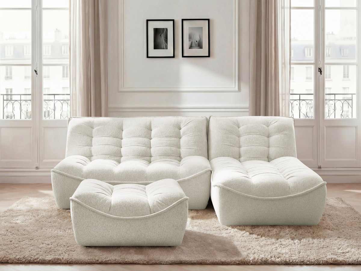 Canapé d'angle fixe modulable SERENA tissu chiné avec pouf