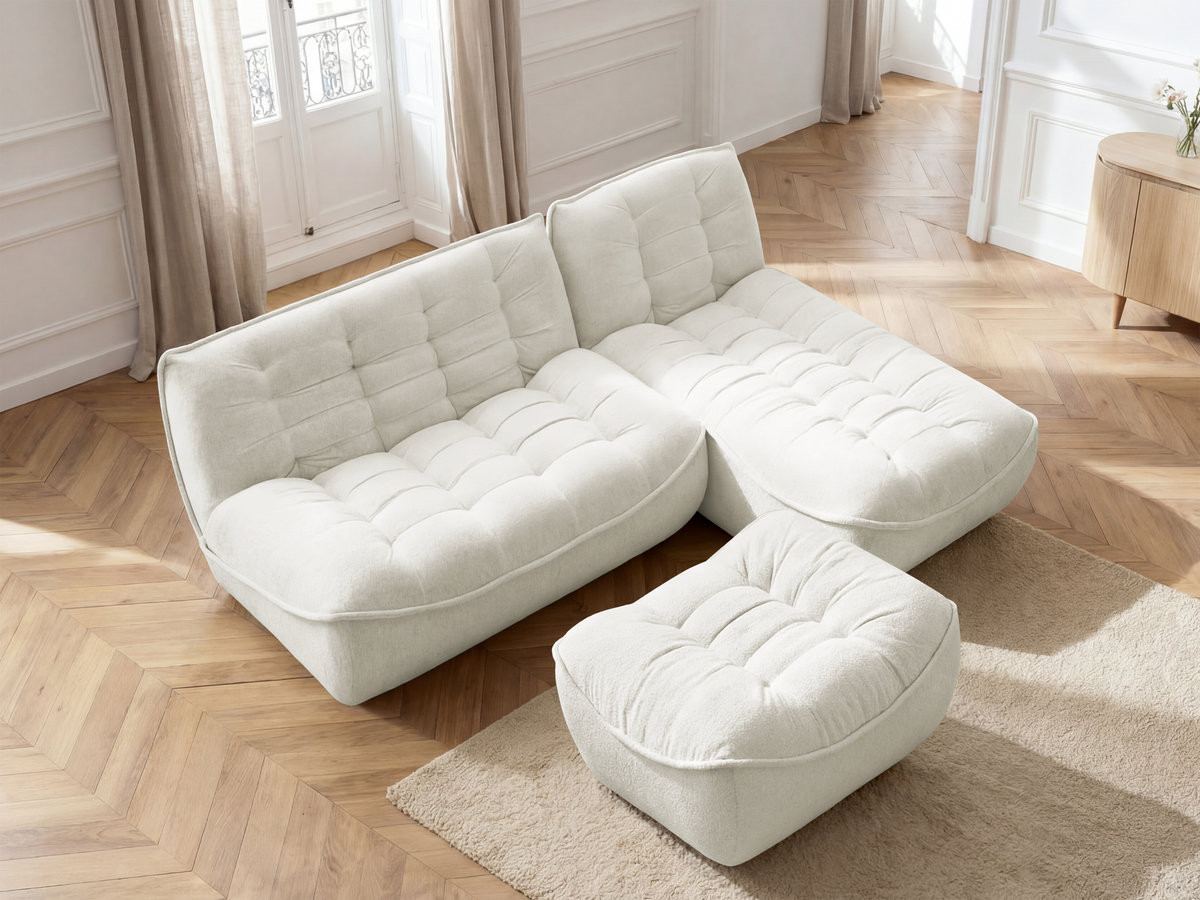 Canapé d'angle modulable SERENA chiné avec pouf blanc — vue 5