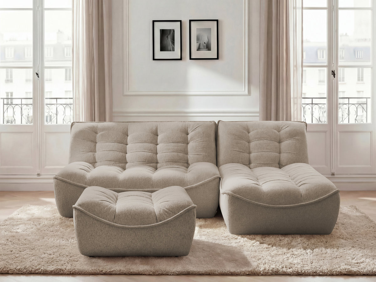 Canapé d'angle fixe modulable SERENA tissu chiné avec pouf