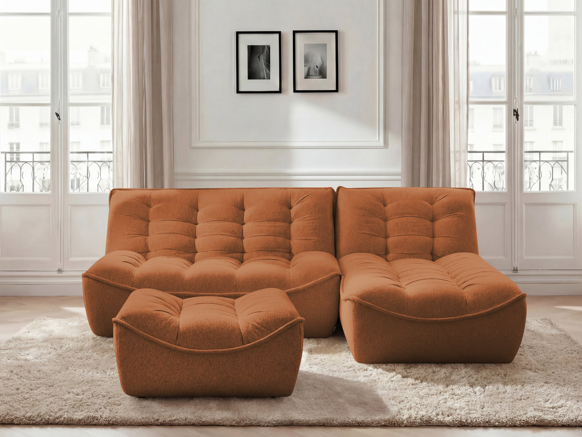 Canapé d'angle fixe modulable SERENA tissu chiné avec pouf