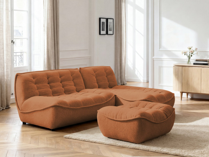 Canapé d'angle fixe modulable SERENA tissu chiné avec pouf