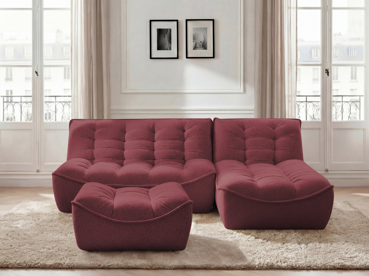 Canapé d'angle fixe modulable SERENA tissu chiné avec pouf