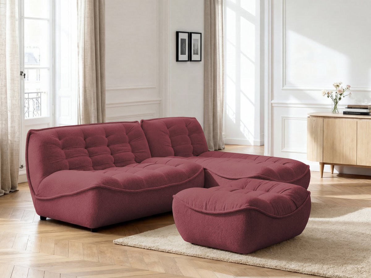 Canapé d'angle modulable SERENA chiné avec pouf rouge