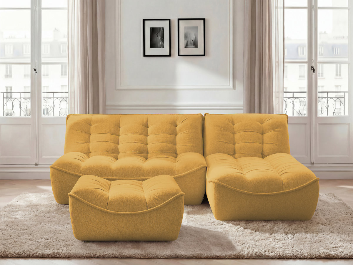 Canapé d'angle fixe modulable SERENA tissu chiné avec pouf