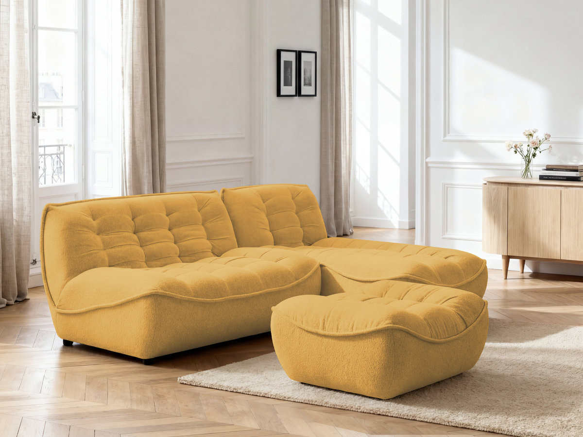 Canapé d'angle fixe modulable SERENA tissu chiné avec pouf