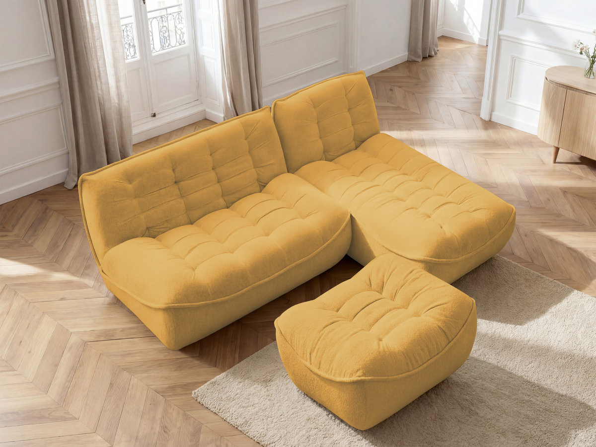 Canapé d'angle modulable SERENA chiné avec pouf jaune — vue 5