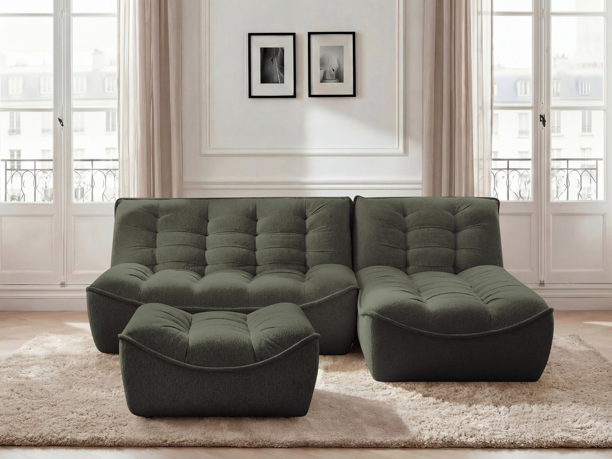 Canapé d'angle modulable SERENA chiné avec pouf vert — vue 4