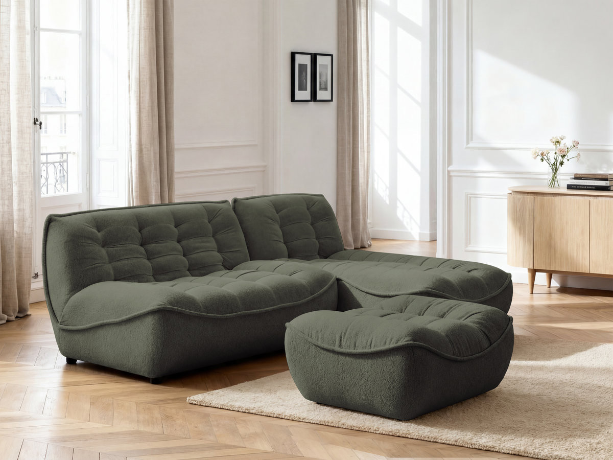 Canapé d'angle fixe modulable SERENA tissu chiné avec pouf