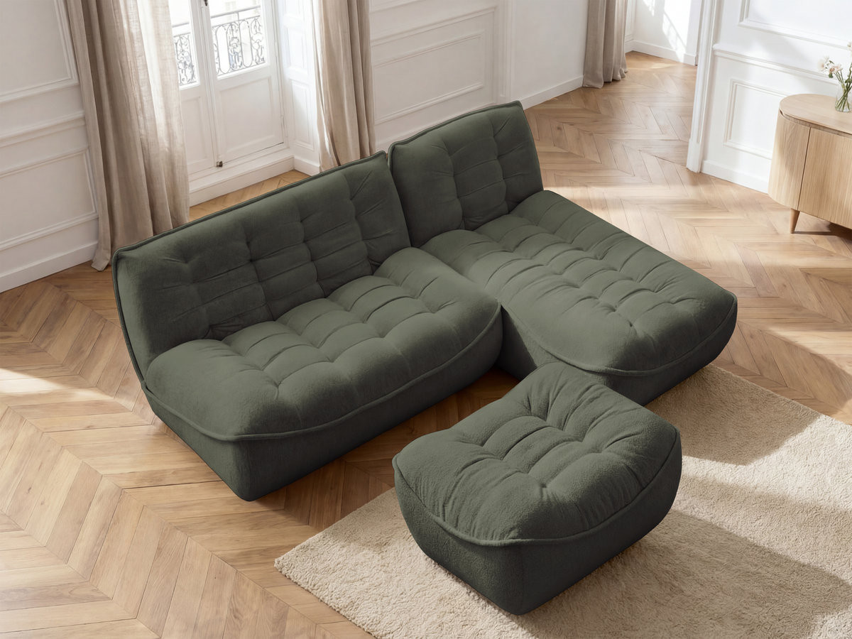 Canapé d'angle modulable SERENA chiné avec pouf vert — vue 5