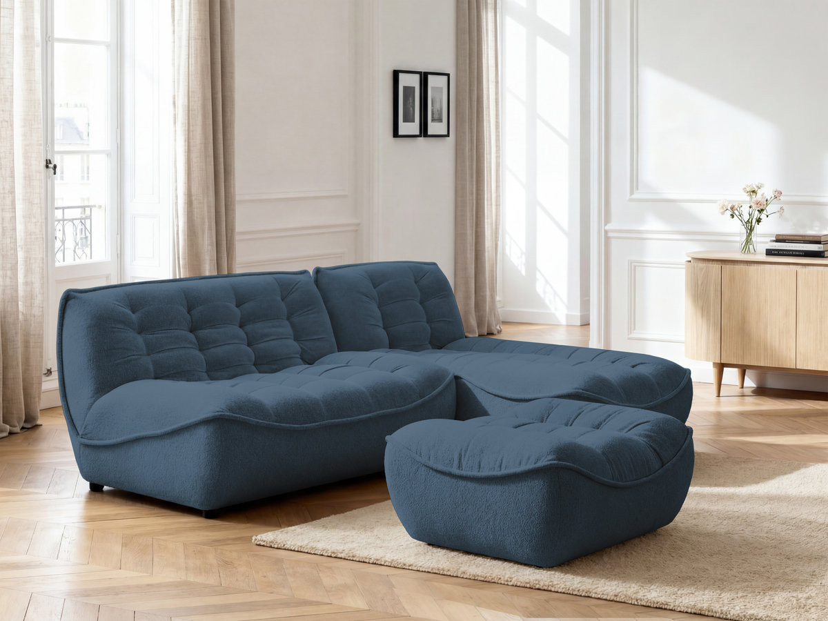 Canapé d'angle fixe modulable SERENA tissu chiné avec pouf