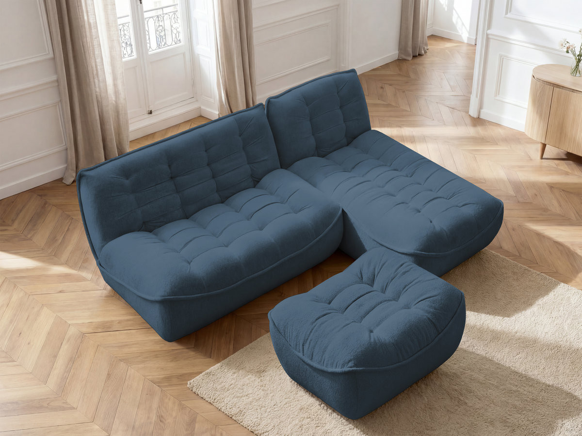 Canapé d'angle modulable SERENA chiné avec pouf bleu — vue 5