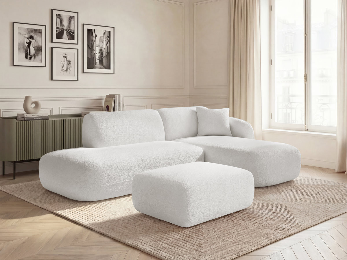 Canapé d'angle fixe modulable ANDA avec 1 méridienne, 1 chauffeuse bout de canapé et 1 pouf blanc  angle droit BOBOCHIC 3 places