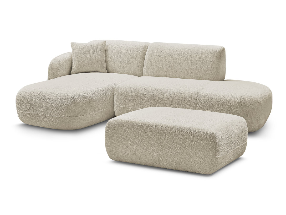 canapé d'angle fixe modulable anda avec 1 méridienne, 1 chauffeuse bout de canapé et 1 pouf de couleur beige