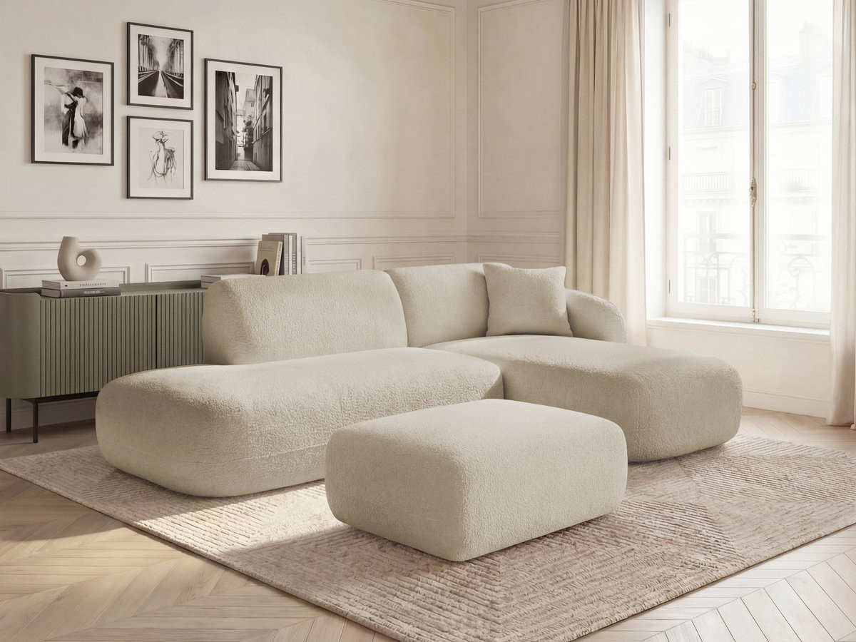 Canapé d'angle fixe modulable ANDA avec 1 méridienne, 1 chauffeuse bout de canapé et 1 pouf beige  angle droit BOBOCHIC 3 places