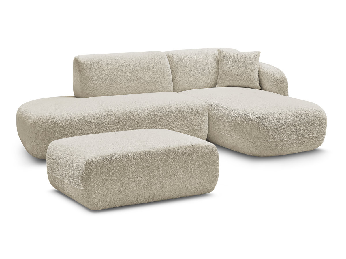 canapé d'angle fixe modulable anda avec 1 méridienne, 1 chauffeuse bout de canapé et 1 pouf de couleur beige