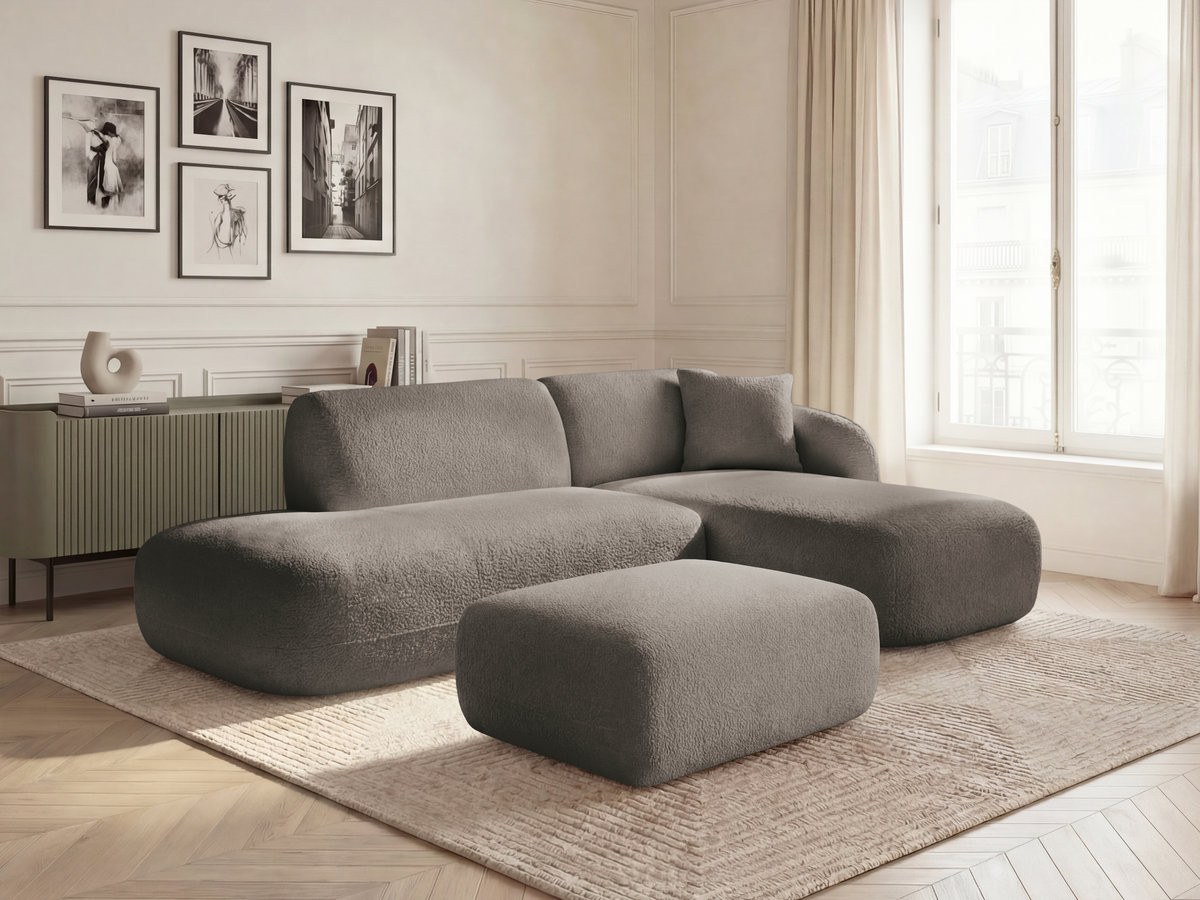 Canapé d'angle fixe modulable ANDA avec 1 méridienne, 1 chauffeuse bout de canapé et 1 pouf taupe  angle droit BOBOCHIC 3 places
