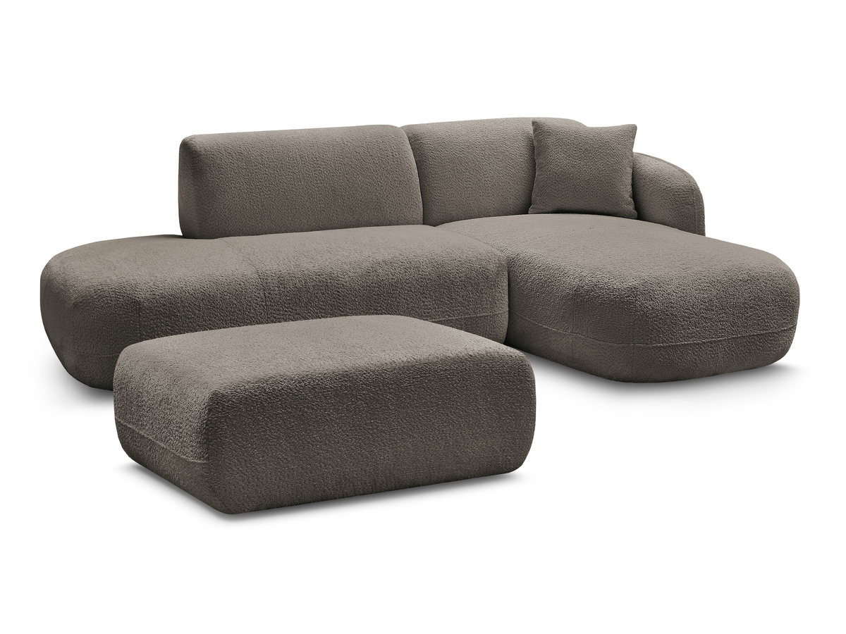 canapé d'angle fixe modulable anda avec 1 méridienne, 1 chauffeuse bout de canapé et 1 pouf de couleur taupe
