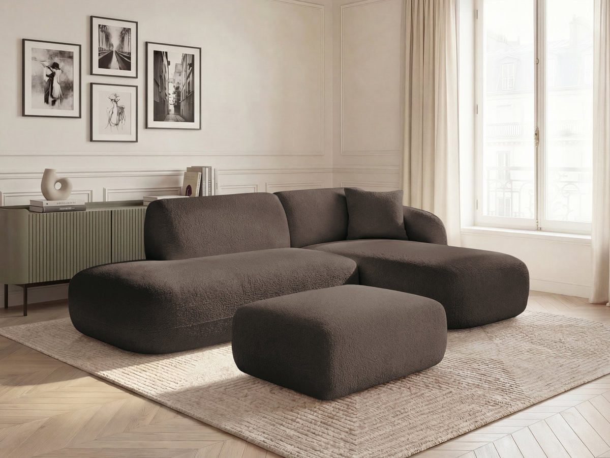 Canapé d'angle fixe modulable ANDA avec 1 méridienne, 1 chauffeuse bout de canapé et 1 pouf marron  angle droit BOBOCHIC 3 places