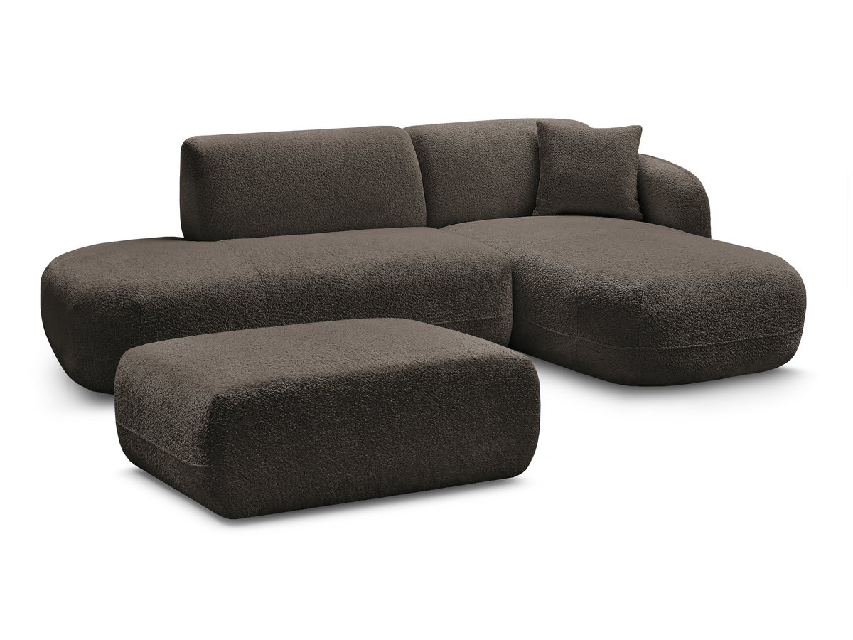 canapé d'angle fixe modulable anda avec 1 méridienne, 1 chauffeuse bout de canapé et 1 pouf de couleur marron