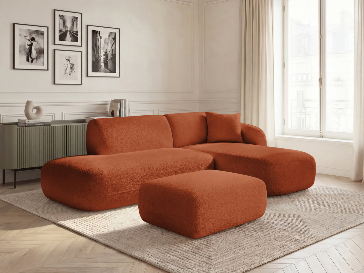 Canapé d'angle fixe modulable ANDA avec 1 méridienne, 1 chauffeuse bout de canapé et 1 pouf orange  angle droit BOBOCHIC 3 places