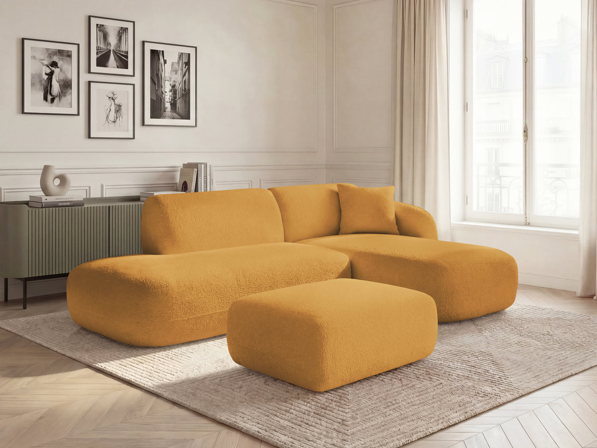 Canapé d'angle fixe modulable ANDA avec 1 méridienne, 1 chauffeuse bout de canapé et 1 pouf jaune  angle droit BOBOCHIC 3 places