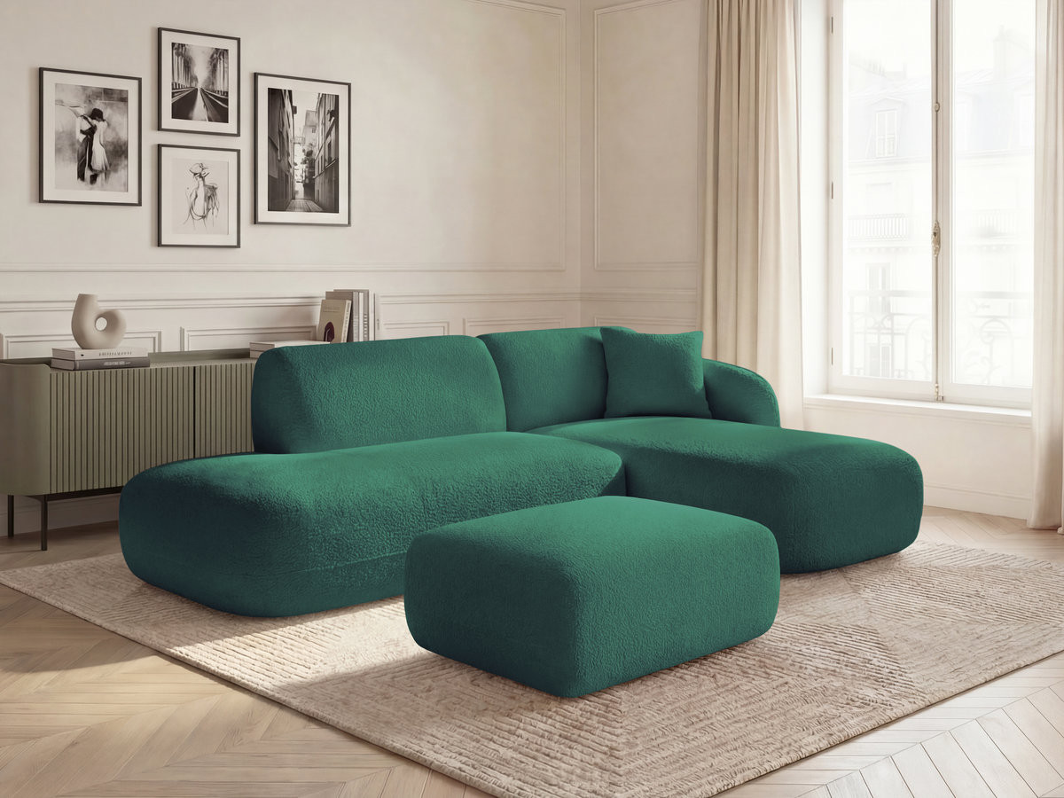 Canapé d'angle fixe modulable ANDA avec 1 méridienne, 1 chauffeuse bout de canapé et 1 pouf vert foncé  angle droit BOBOCHIC 3 places