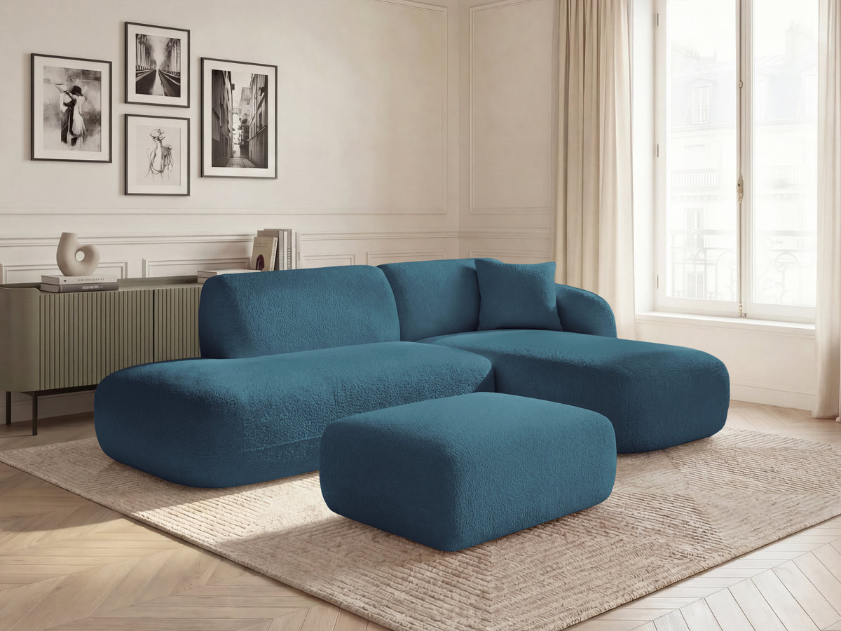 Canapé d'angle fixe modulable ANDA avec 1 méridienne, 1 chauffeuse bout de canapé et 1 pouf bleu clair  angle droit BOBOCHIC 3 places