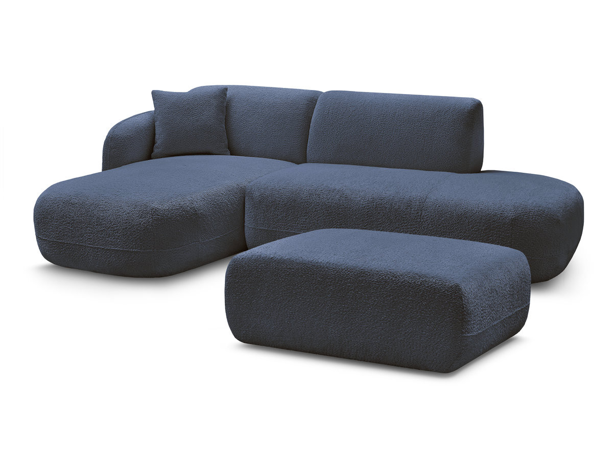 canapé d'angle fixe modulable anda avec 1 méridienne, 1 chauffeuse bout de canapé et 1 pouf de couleur bleu foncé