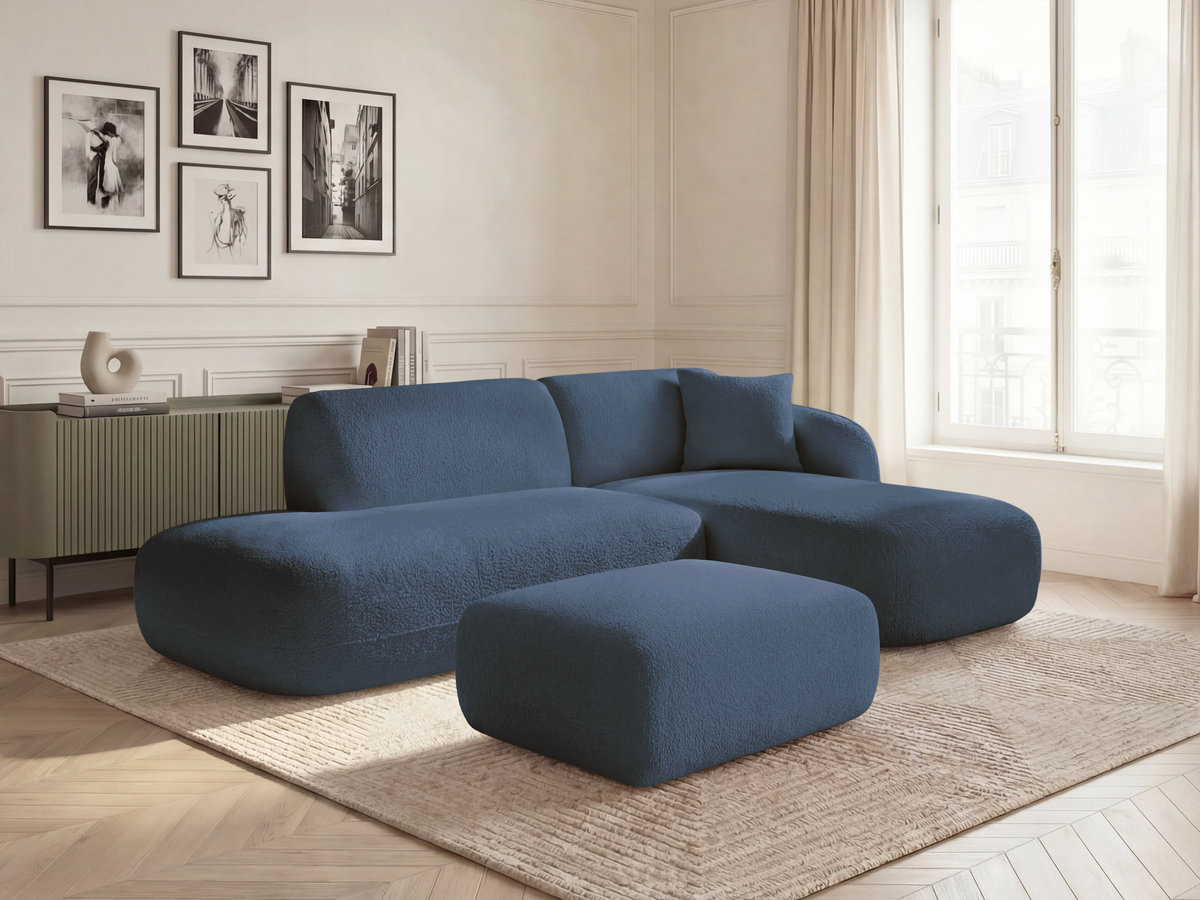 Canapé d'angle fixe modulable ANDA avec 1 méridienne, 1 chauffeuse bout de canapé et 1 pouf bleu foncé  angle droit BOBOCHIC 3 places