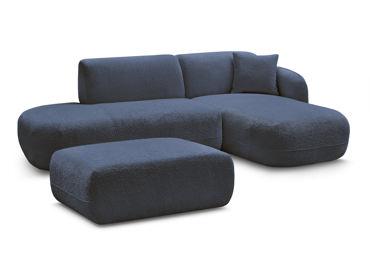 canapé d'angle fixe modulable anda avec 1 méridienne, 1 chauffeuse bout de canapé et 1 pouf de couleur bleu foncé