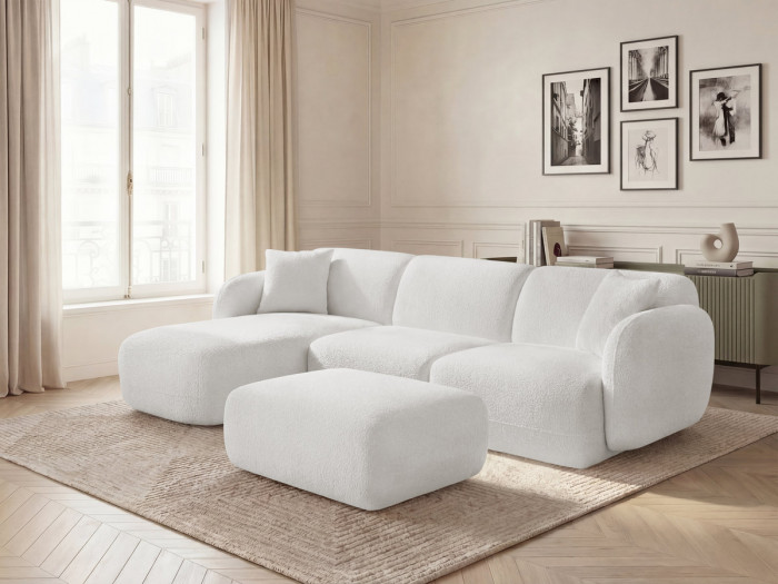 Canapé d'angle fixe modulable ANDA tissu chenille avec pouf