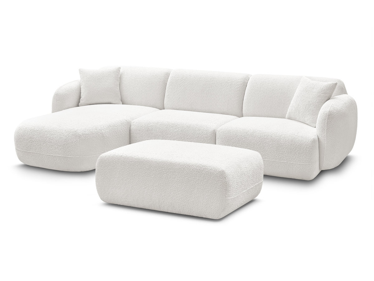canapé d'angle fixe modulable anda tissu chenille avec pouf de couleur blanc