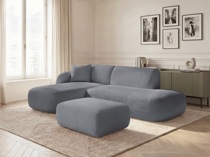 Canapé d'angle fixe modulable ANDA avec 1 méridienne, 1 chauffeuse bout de canapé et 1 pouf