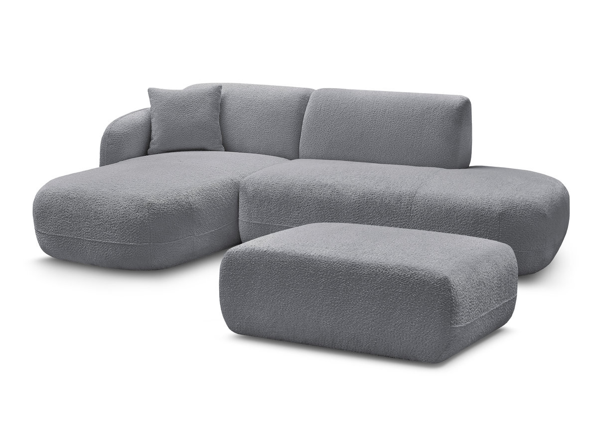 canapé d'angle fixe modulable anda avec 1 méridienne, 1 chauffeuse bout de canapé et 1 pouf de couleur gris