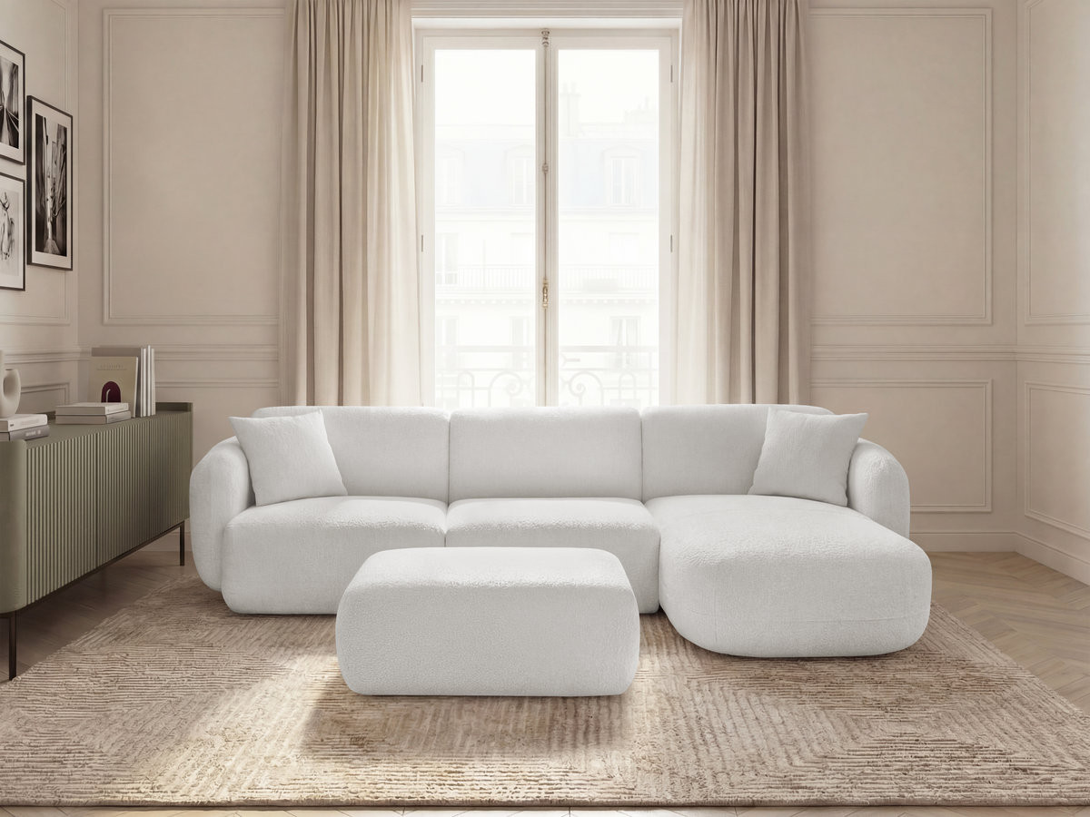 Canapé d'angle fixe modulable ANDA tissu chenille avec pouf