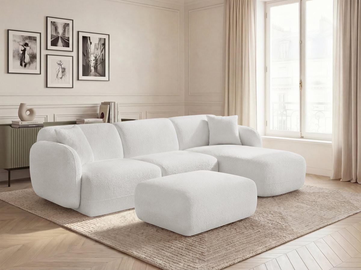 Canapé d'angle fixe modulable ANDA tissu chenille avec pouf