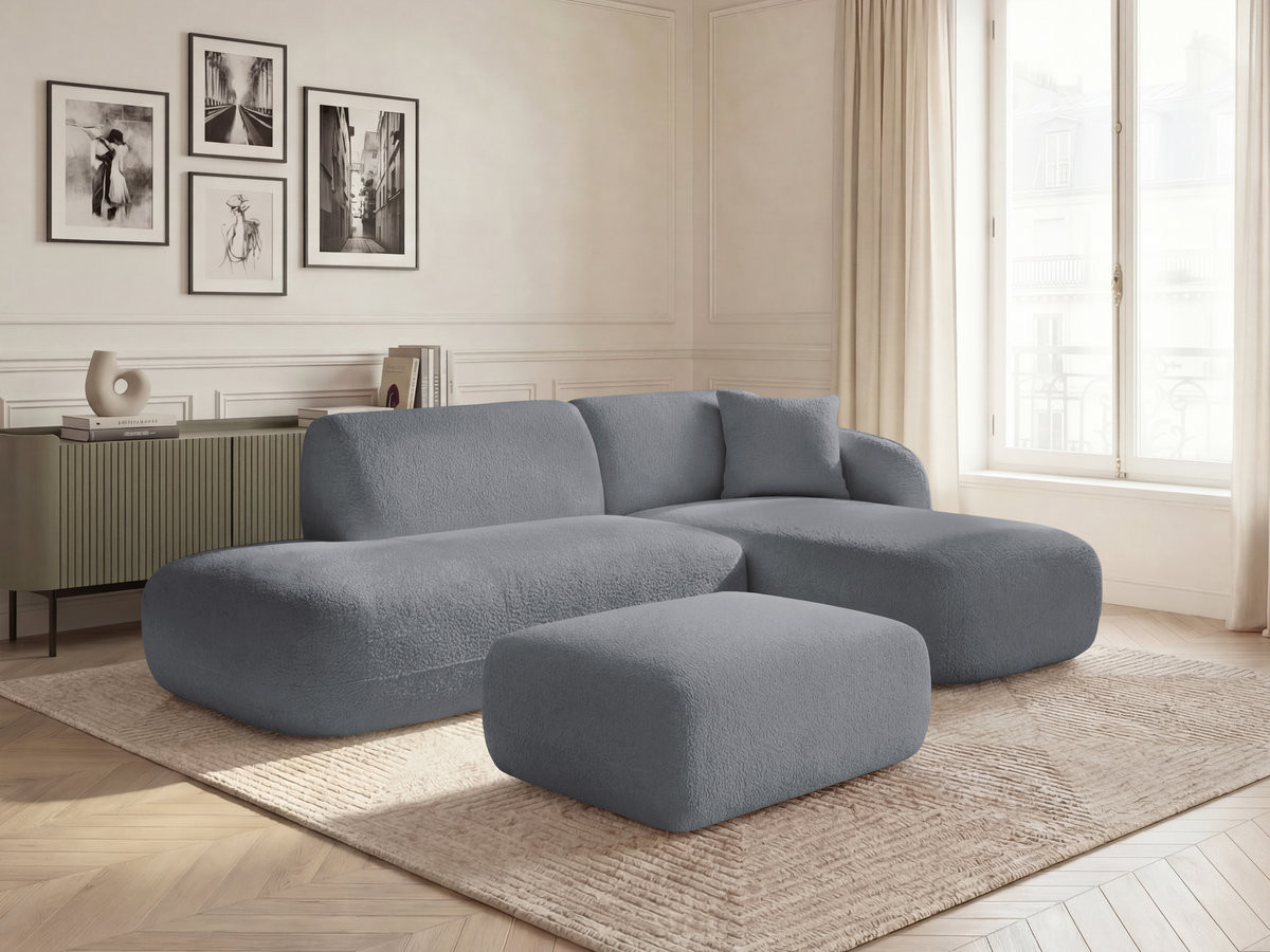 Canapé d'angle fixe modulable ANDA avec 1 méridienne, 1 chauffeuse bout de canapé et 1 pouf gris  angle droit BOBOCHIC 3 places