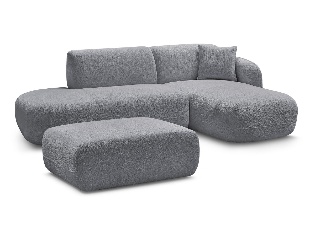 canapé d'angle fixe modulable anda avec 1 méridienne, 1 chauffeuse bout de canapé et 1 pouf de couleur gris