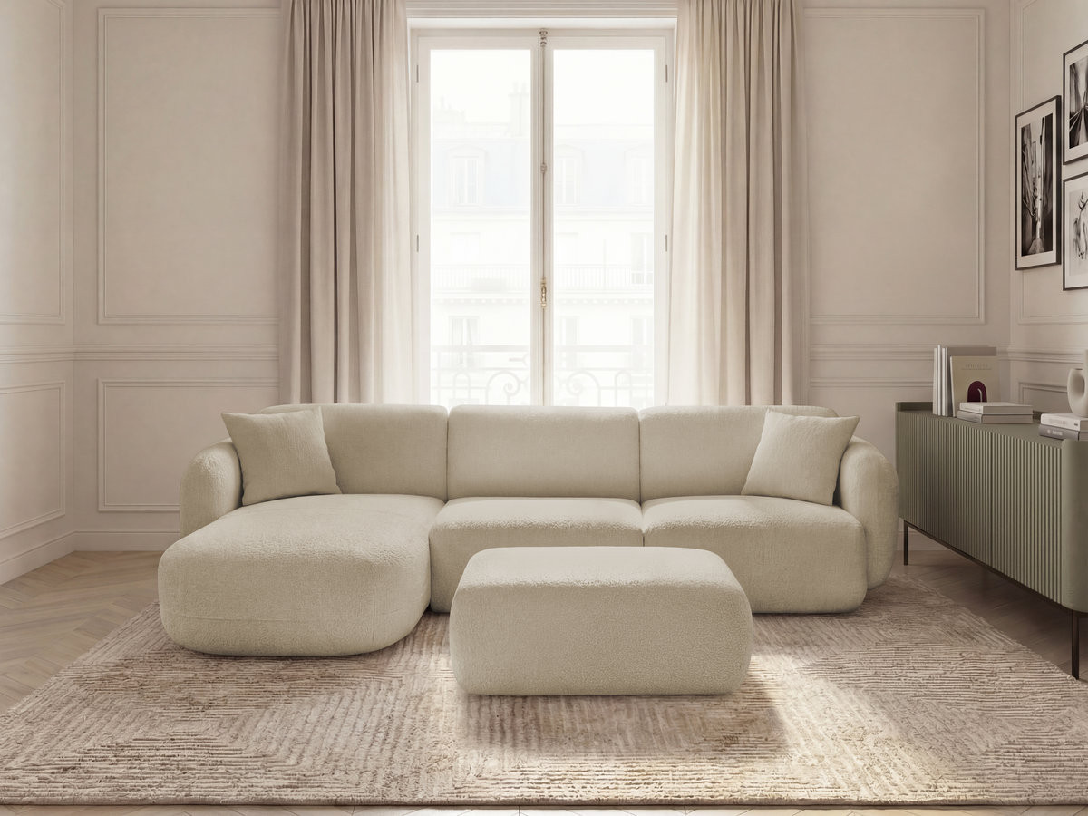 Canapé d'angle fixe modulable ANDA tissu chenille avec pouf