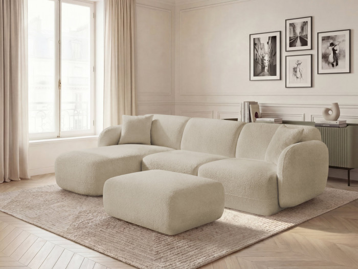 Canapé d'angle fixe modulable ANDA tissu chenille avec pouf