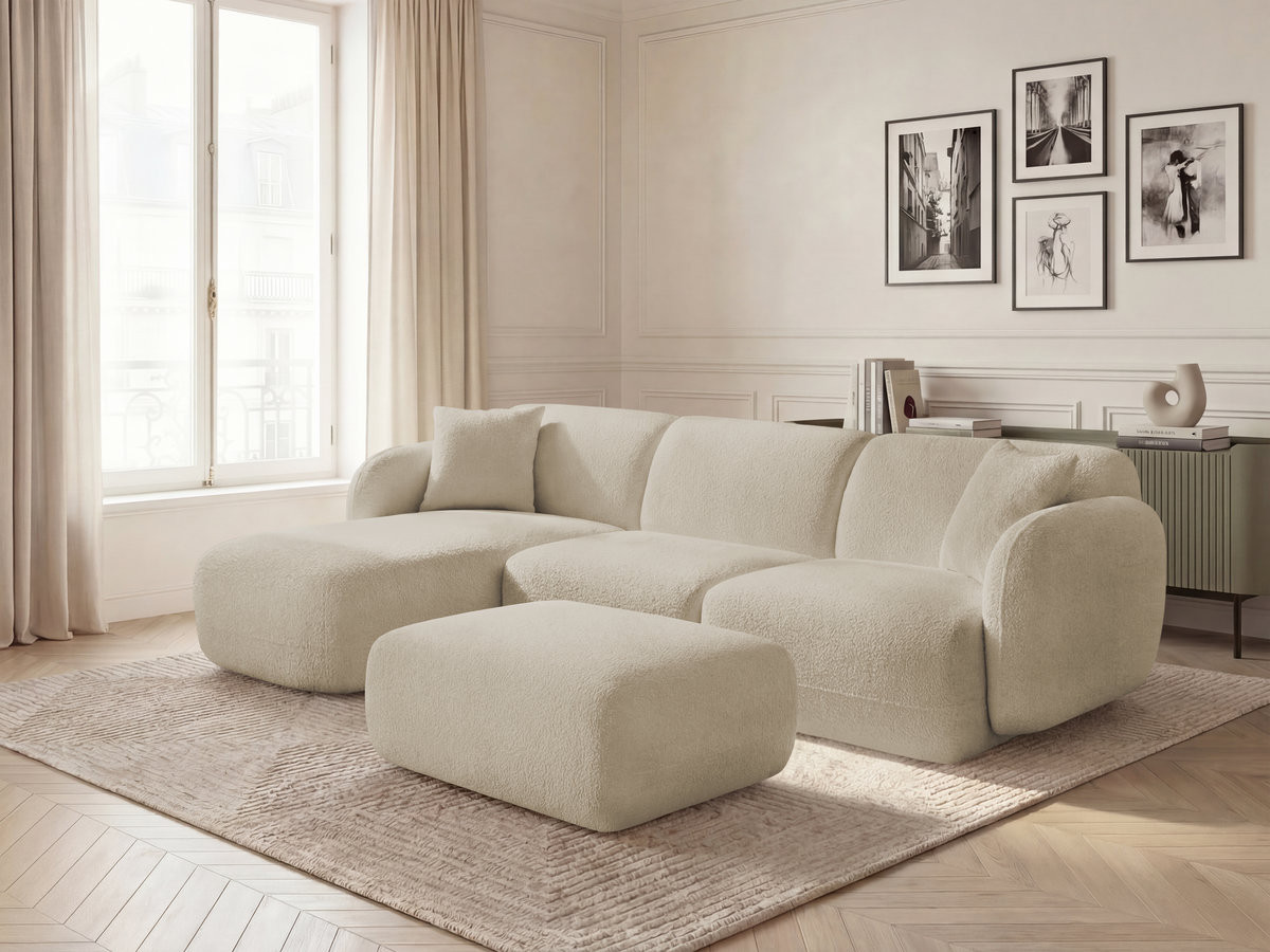 Canapé d'angle fixe modulable ANDA tissu chenille avec pouf