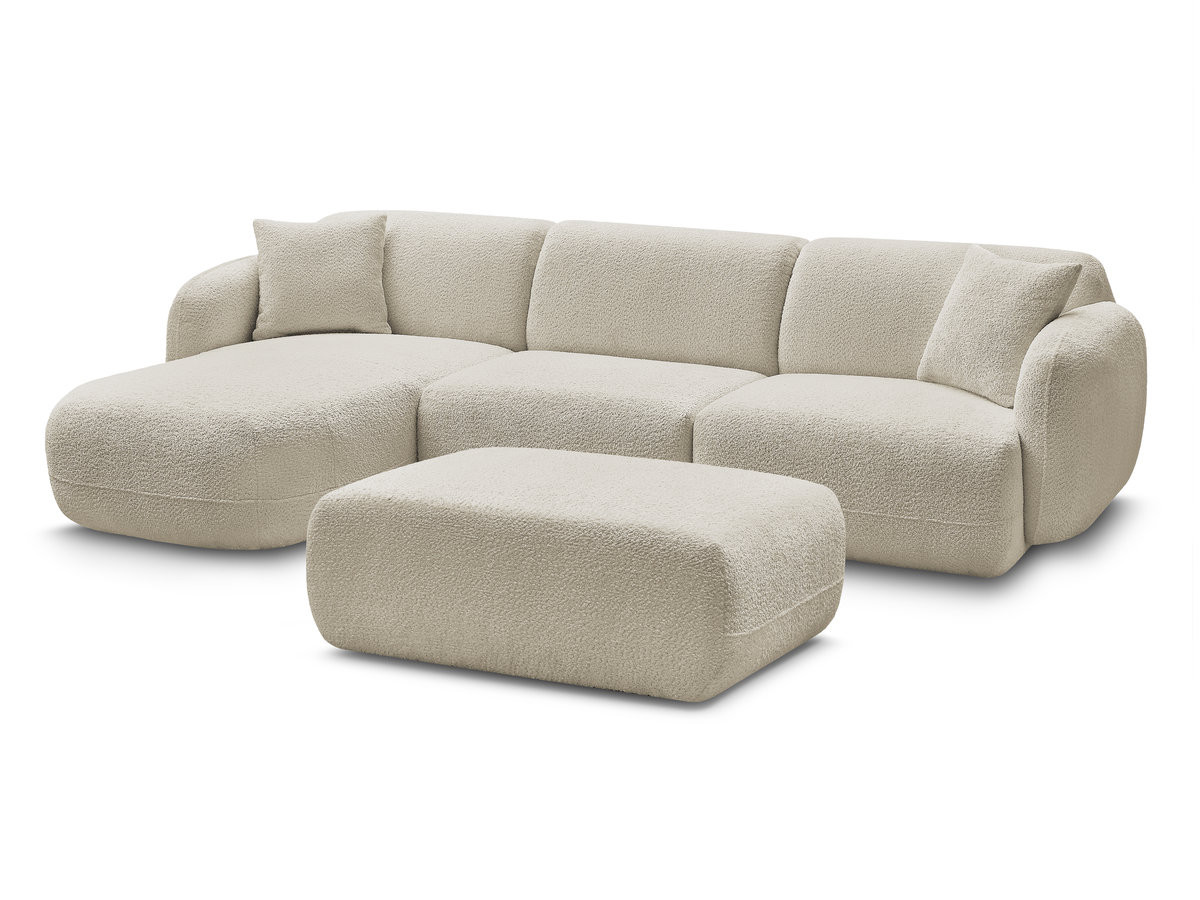 canapé d'angle fixe modulable anda tissu chenille avec pouf de couleur beige