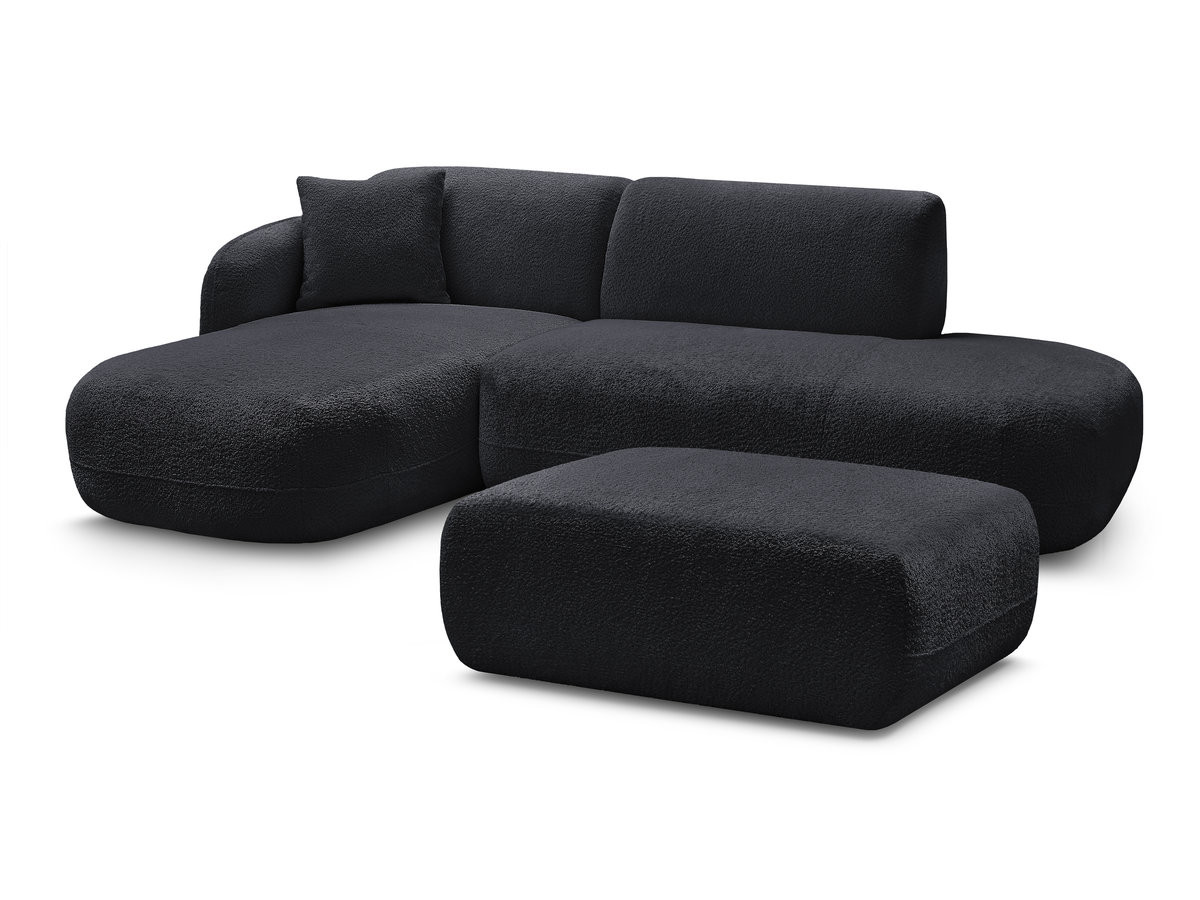canapé d'angle fixe modulable anda avec 1 méridienne, 1 chauffeuse bout de canapé et 1 pouf de couleur noir