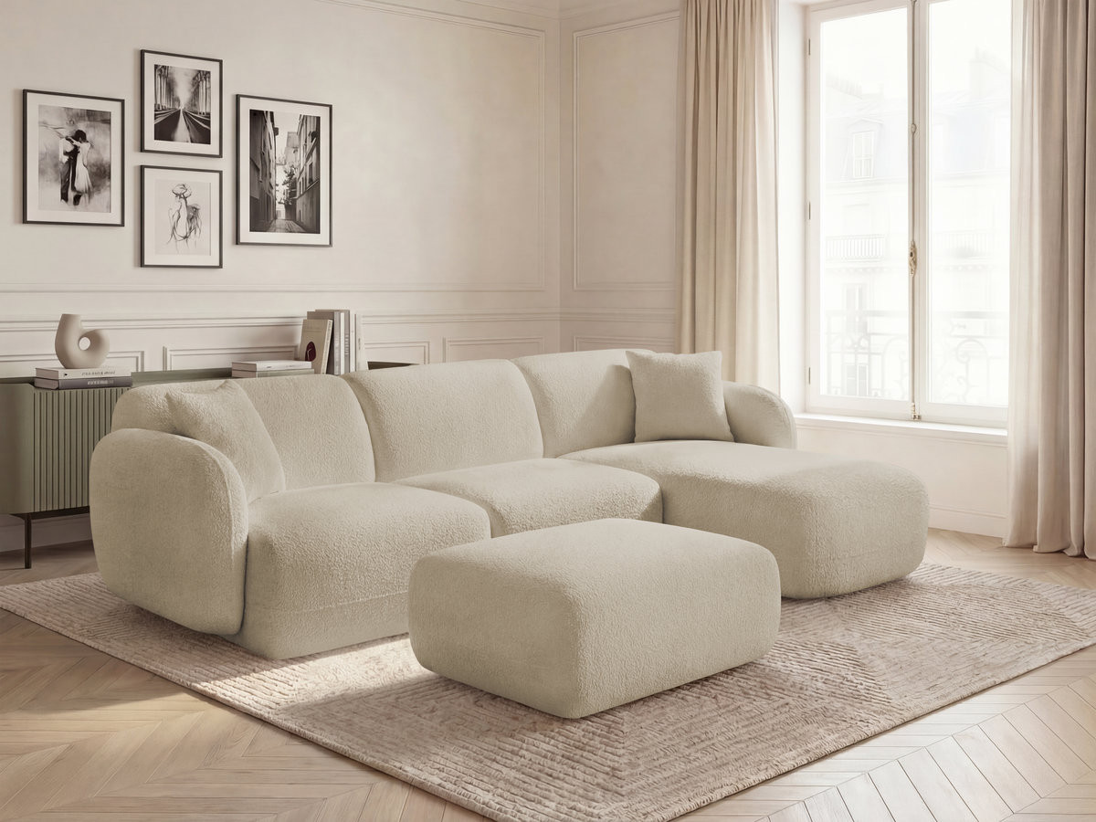 Canapé d'angle fixe modulable ANDA tissu chenille avec pouf Canapé d'angle fixe modulable ANDA tissu chenille avec pouf