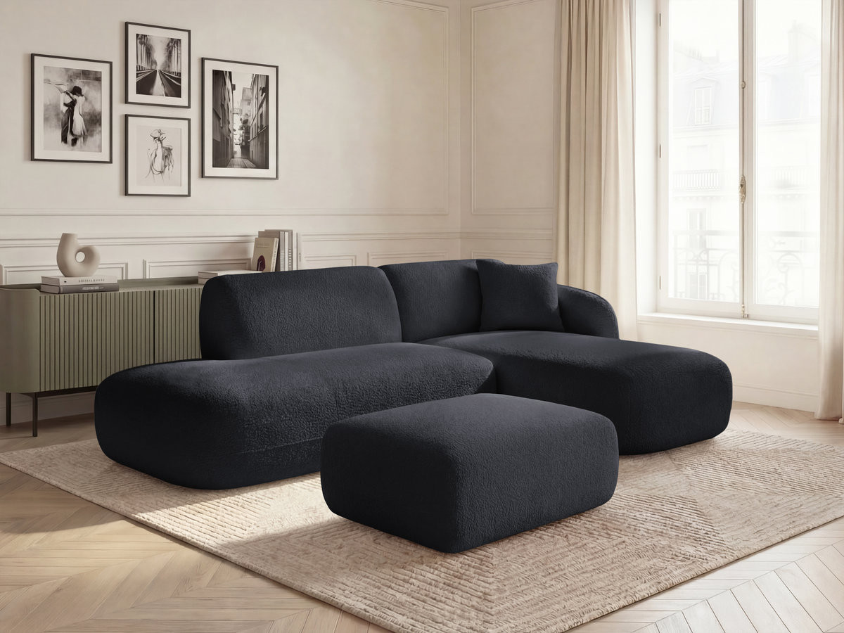 Canapé d'angle fixe modulable ANDA avec 1 méridienne, 1 chauffeuse bout de canapé et 1 pouf noir  angle droit BOBOCHIC 3 places