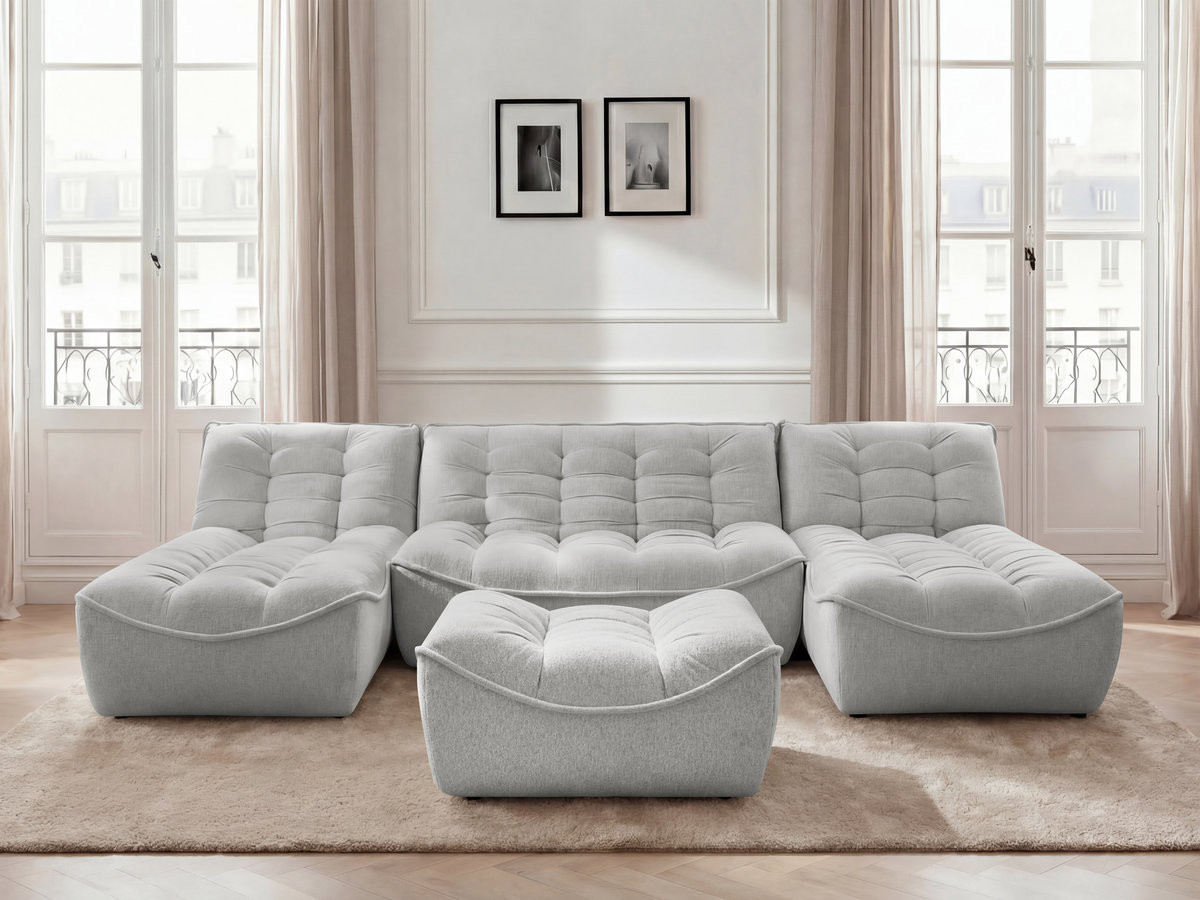 Canapé panoramique fixe modulable SERENA tissu chiné avec pouf